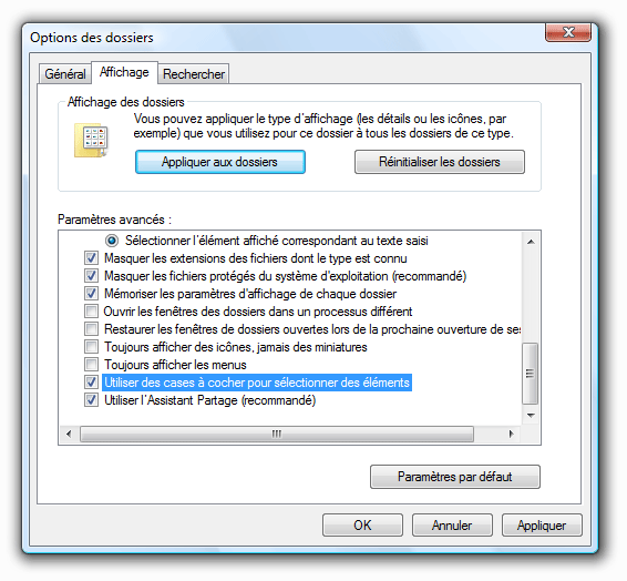Affichage dans les Options des dossiers
